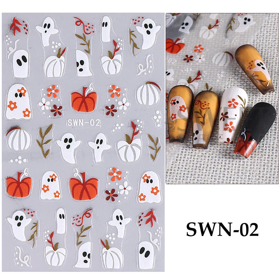 sengpan 3D Halloween Nail Stickers Cartoon Mummy Bandages Ghost Eyes Pumpkin Spider Web Blood Drops DIY Winter Matte Nail Art Decoration