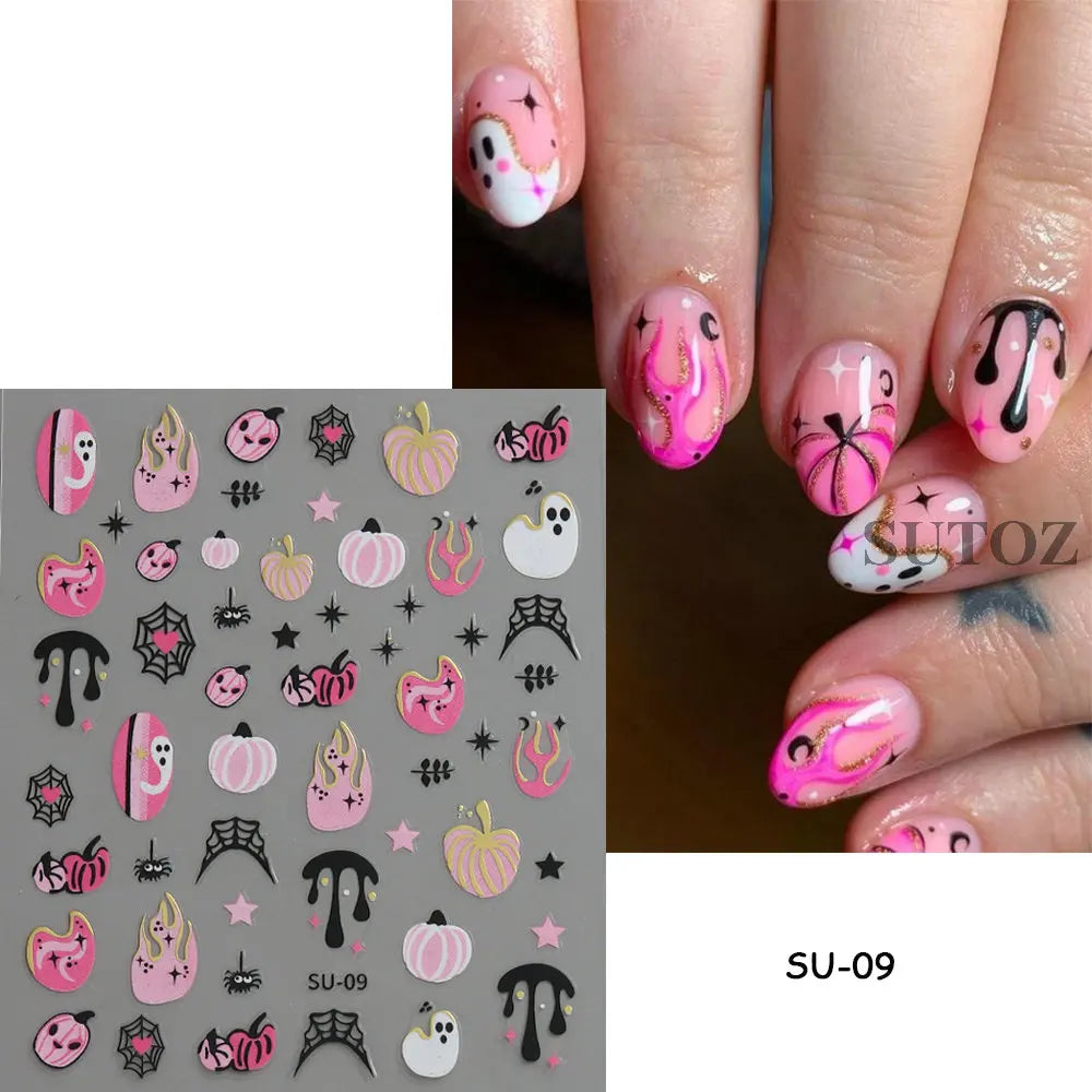 sengpan Pink Pumpkin Nail Art Stickers Halloween Decoration Bat Ghost Design Black Cat Skull Nail Sliders Charms Manicure Decal NLLS-J82