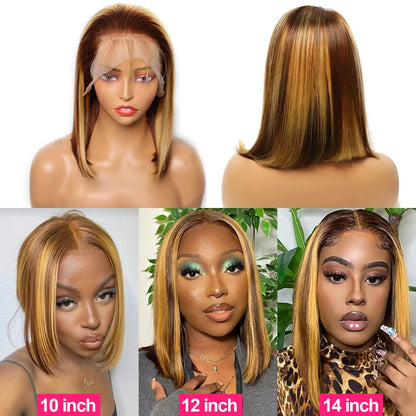 sengpan Straight Short Bob Wig Highlighted Transparent Lace Frontal Human Hair Wigs For Women Honey Blonde Ombre Highlight 13x4 Lace Wig