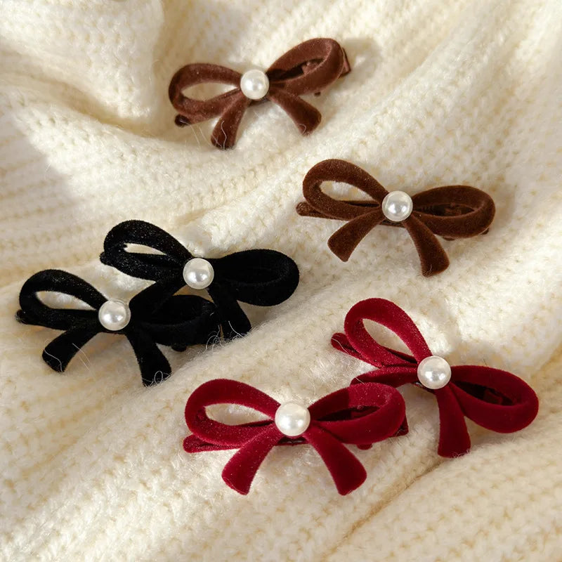 sengpan Retro Flocked Pearl Bow Christmas Hair Clips for Woman Girls Sweet HairPins Child Cute Bow Barrettes Fashion Hair Accessories