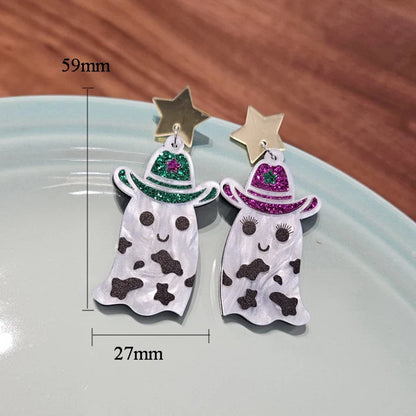 Lianfudai 2024 New Ghost Lamp Halloween Earrings Women Hallowmas Pumpkin Ice Cream Cone Black Cat No Feet Specter Acrylic Drop Earring