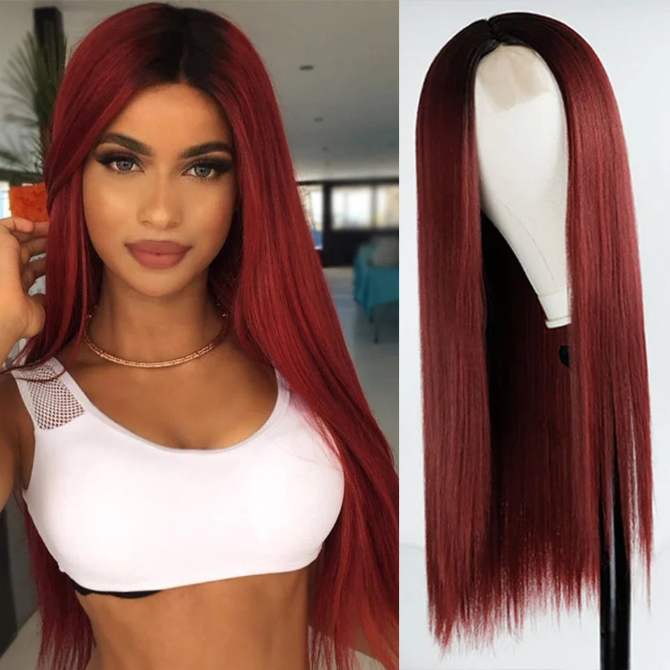 sengpan Wig Long Straight Hair Wig Wine Red Ladies Natural Hand Middle Heat-resistant Fiber Daily Wig