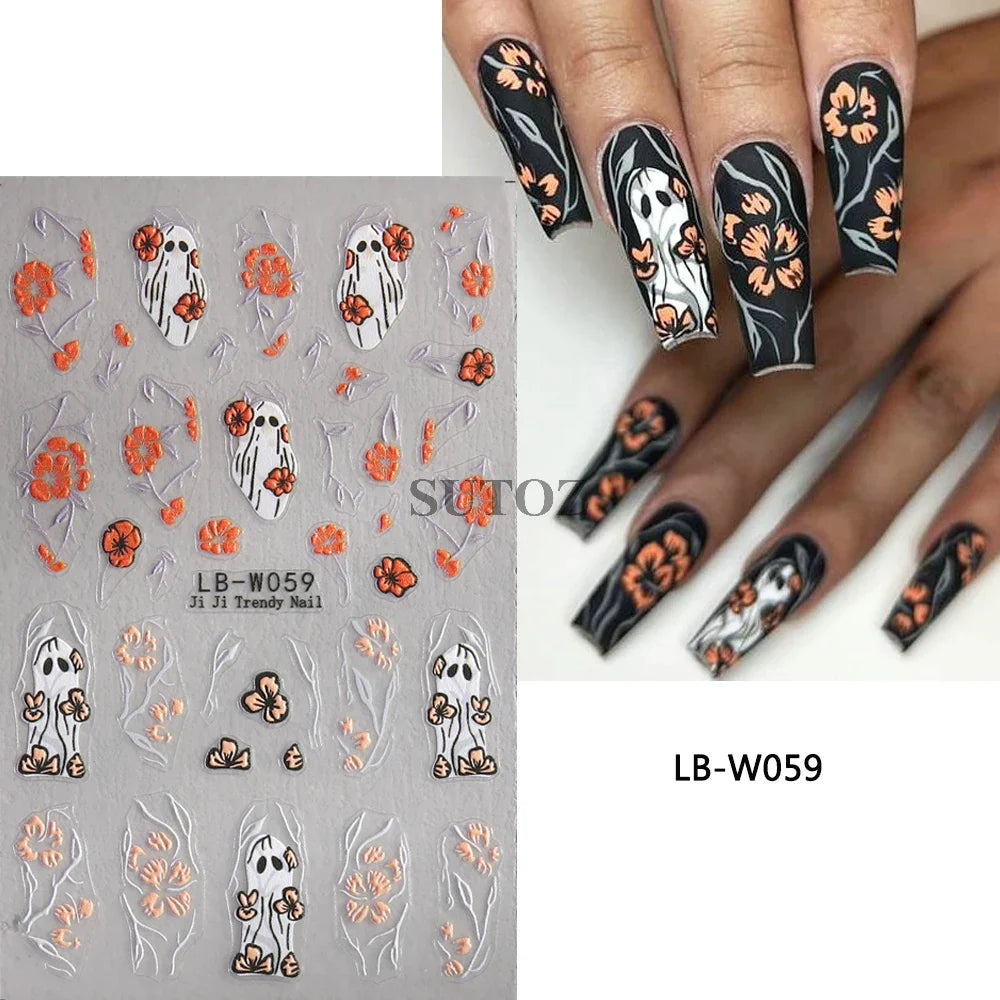 sengpan 5D Ghost Halloween Nail Art Stickers Cartoon Pumpkins Skulls Flowers Nail Decals Y2K Halloween Self-Adhesive Manicure Deco JI-5D