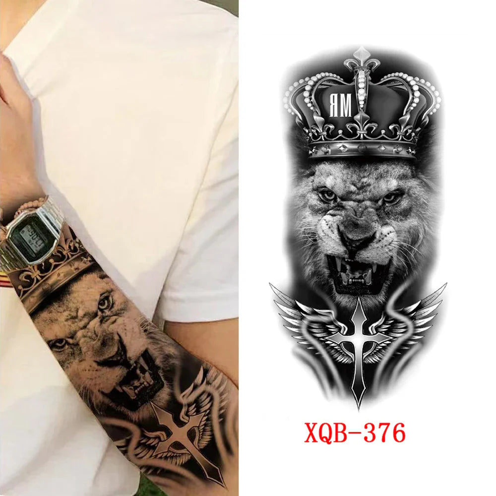 sengpan Black Forest Tattoo Sticker for Men Women Tiger Wolf Death Skull Temporary Tattoo Fake Henna Skeleton King Animal Tatoo Pattern