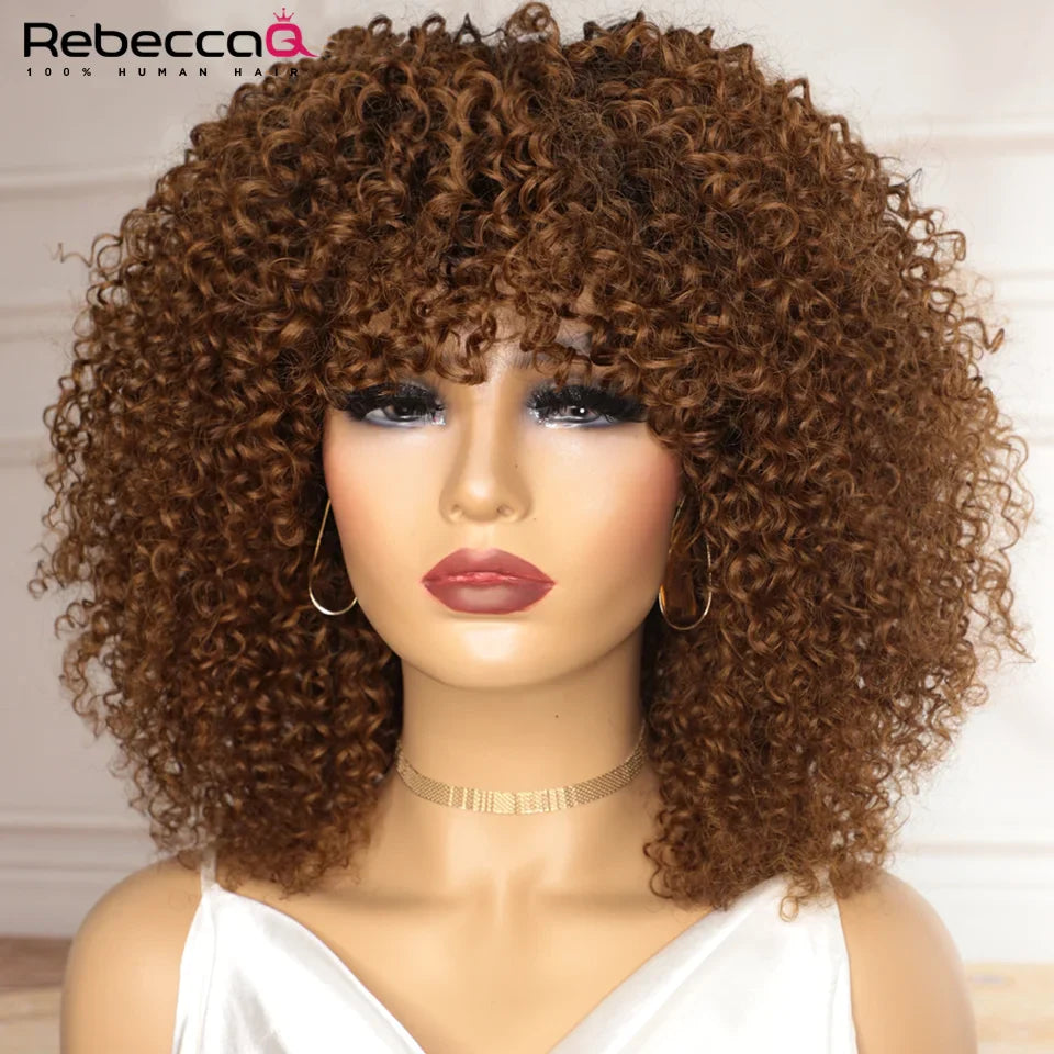 sengpan Big Curly Wig With Bangs Short Human Hair Afro Kinky Curly Wig Brown Color Glueless Full Machine Made Wig 250 Density Brazilian