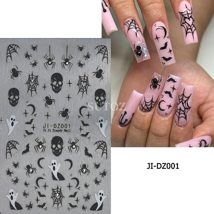 sengpan 5D Ghost Halloween Nail Art Stickers Cartoon Pumpkins Skulls Flowers Nail Decals Y2K Halloween Self-Adhesive Manicure Deco JI-5D