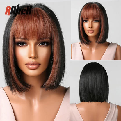 sengpan Short Brown Ombre Blonde Cosplay Wig Synthetic Straight Wigs for Black Women Heat Resistant Halloween Party Daily Natural Hair