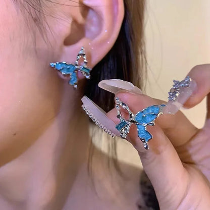 sengpan Blue Crystal Butterfly Earrings Women Fashion Trend Stud Earrings Female Korean Jewelry