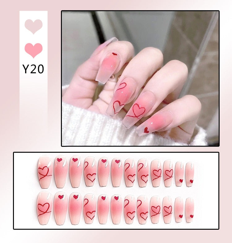 sengpan 24Pcs French With Drill Short Fake Nails Press On Nail Tips Artificial Full Cover Cute Bow Wearing False Nails Art Free Shipping