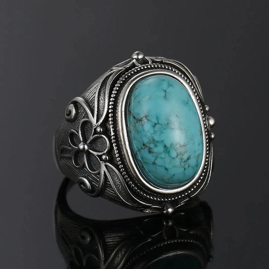 sengpan  Sterling Silver Jewelry Ring Natural 11X17MM Oval Turquoise Ring for Women Men Gift Retro Large Ring Wholesale