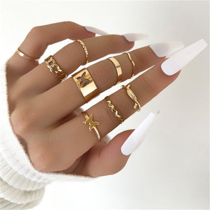 sengpan Bohemian Gold Color Butterfly Rings Set For Women Fashion Shiny Crystal Geometric Flower Knuckle Finger Ring Jewelry Adjustable