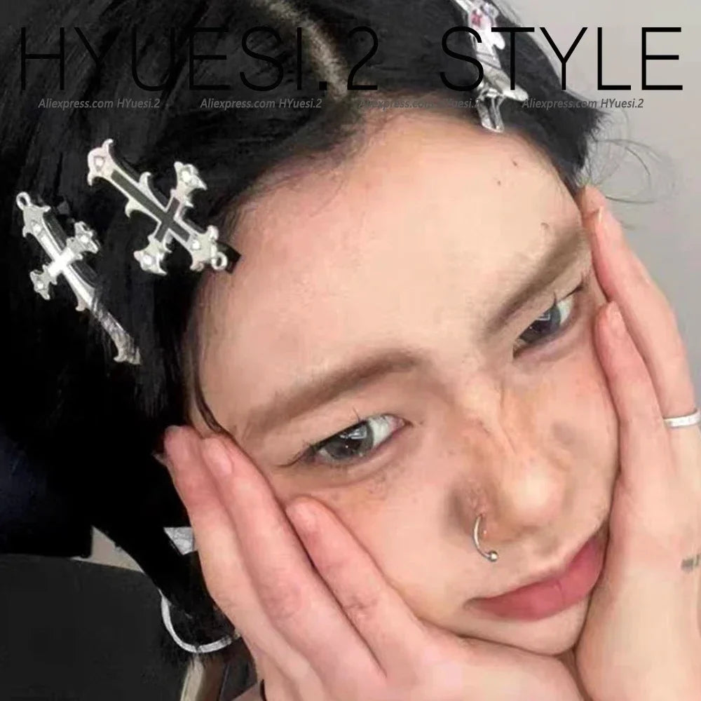 sengpan Gothic Diamond Cross Shaped Hair Clips Retro Punk Styles Bangs Duckbill Barrettes Women Girls Halloween Party Headdress