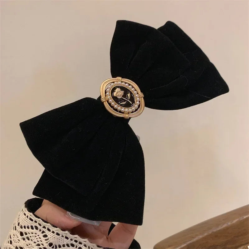 sengpan New Black Velvet Bow Hair Pins Elegant Fabric Alloy Roses Hair Clips for Women Fashion Ponytail Barrette Headwear Accessories