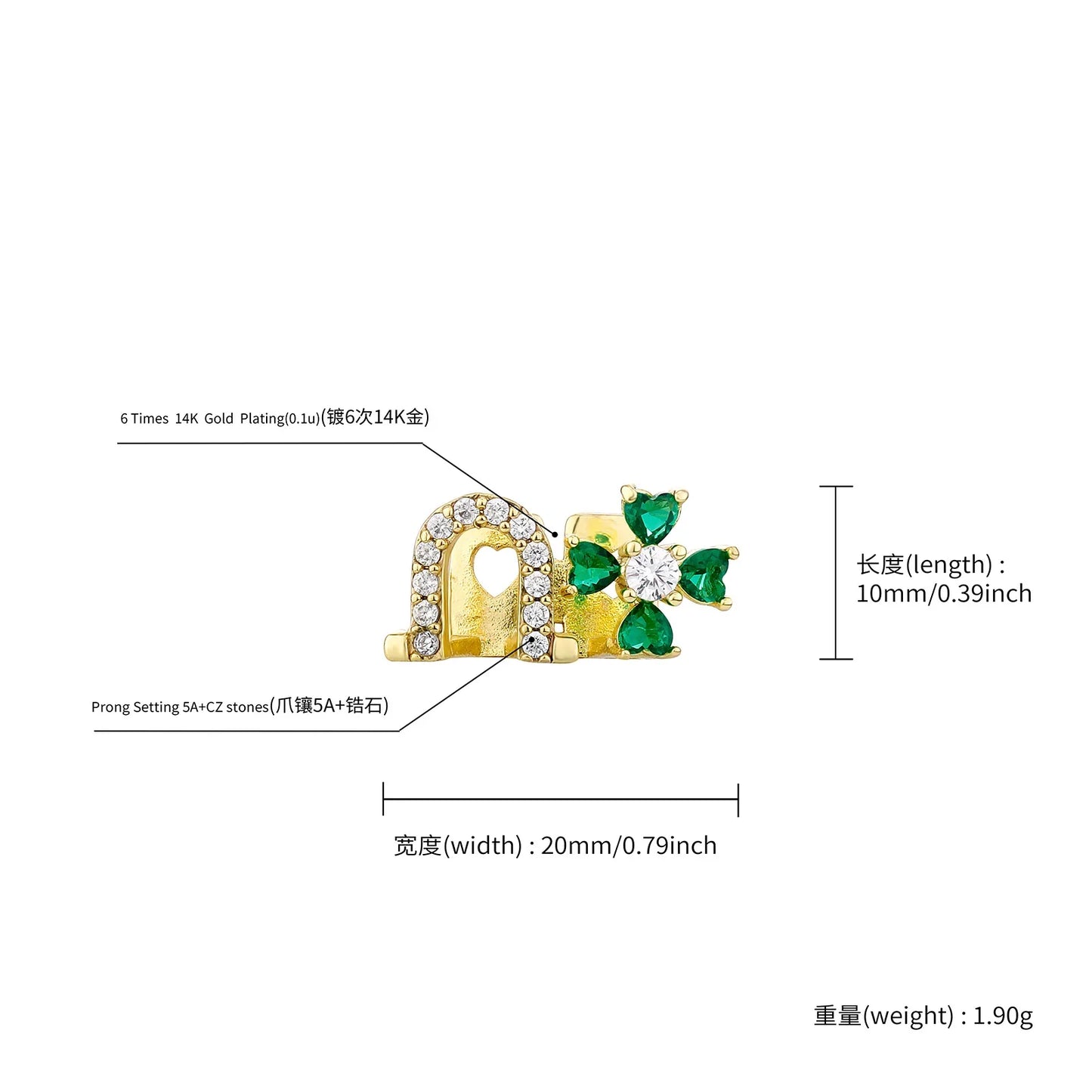 sengpan Single/Double Hollow Zircon Teeth Grillz 14K Gold Plated CZ Stone Green Flower Design Tooth Caps For Women Jewelry