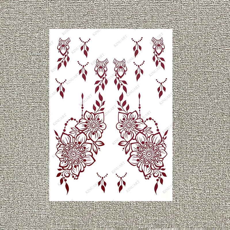 sengpan Maroon Henna Tattoo Stickers for Women Waterproof Temporary Tattoos  for Hand Flower Fake Tattoo for Wedding Festival Body Art