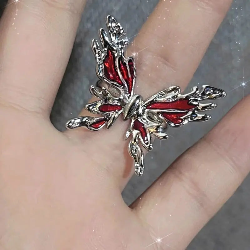 sengpan Vintage Red Enamel Cross Open Rings For Women Men Punk Hip Hop Irregular Lava Texture Rings Y2K Aesthetic Jewelry