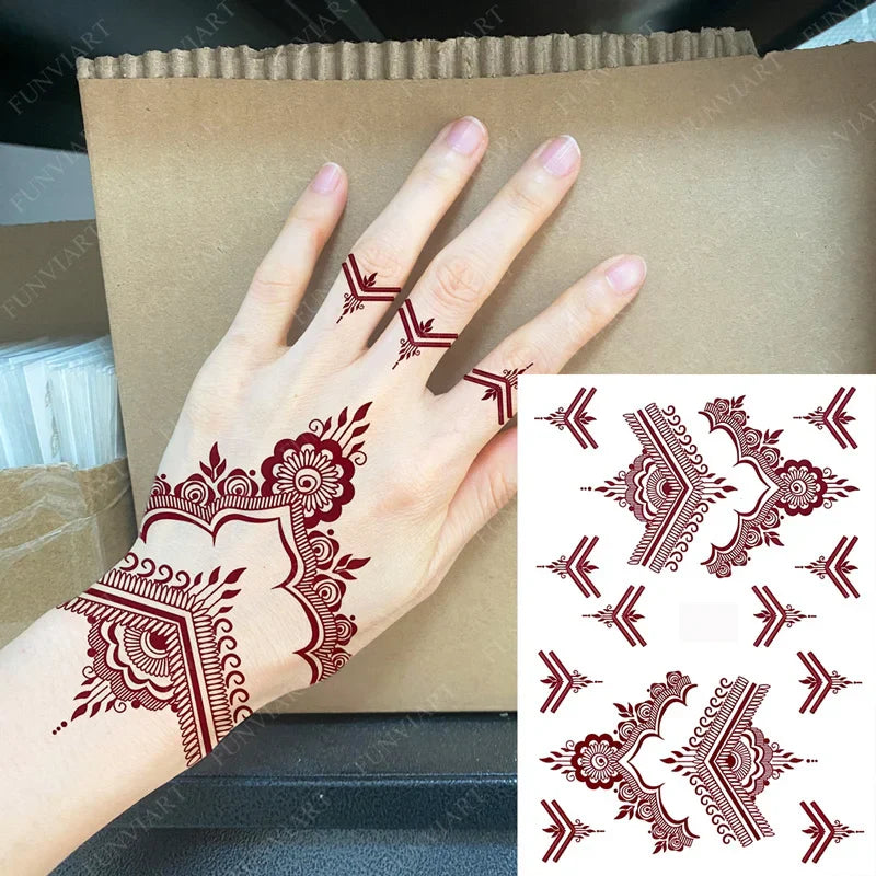 Lianfudai New Design Maroon  Henna Tattoo Stickers for Women Temporary Tattoos  for Hand Flower Fake Tattoo for Wedding Festival Body Art