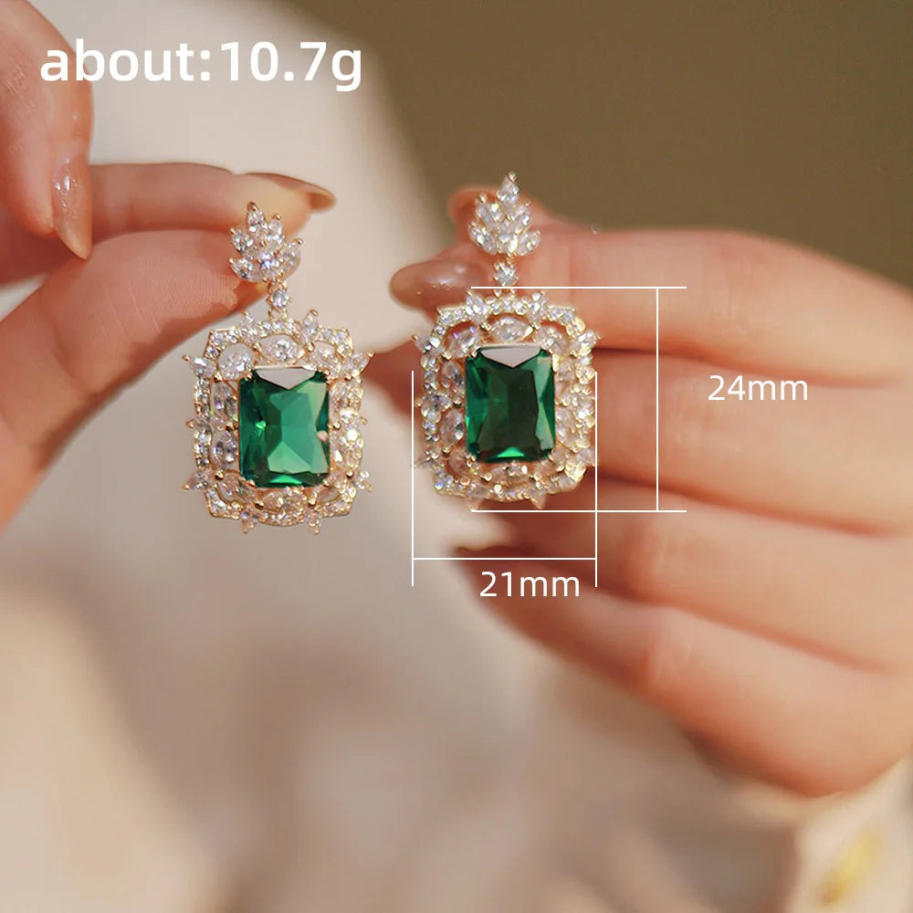 sengpan  Temperament Green Cubic Zirconia Dangle Earrings for Women Luxury Wedding Party Female Earrings Korean Fashion Jewelry