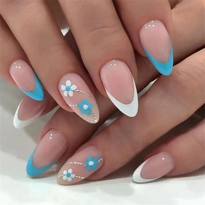 sengpan 24Pcs Small Flower Design Almond Wearing False Nails Blue White Oval Acrylic Press on Nails Art Removable Artificial Fake Nails