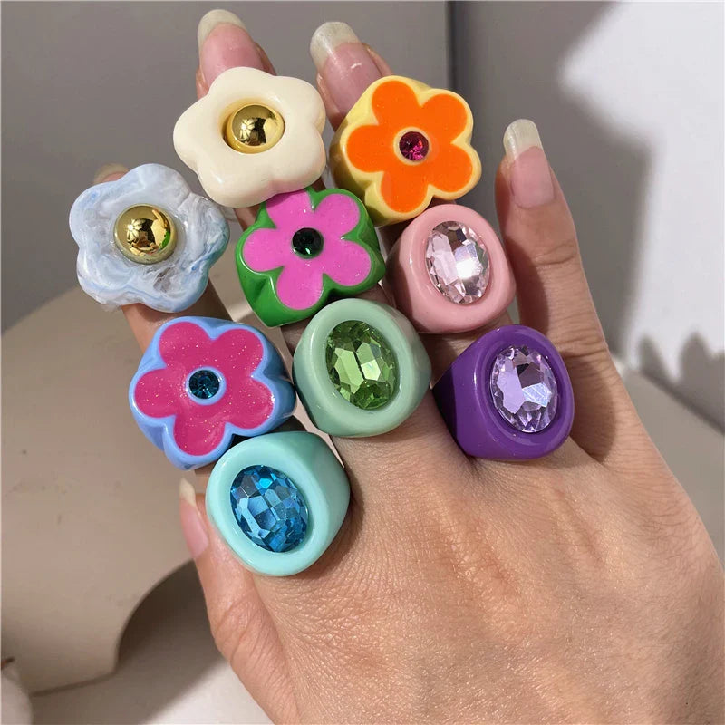 sengpan 2024 New Sweet Multicolor Resin Oil Drip Ring for Women Geometric Oval Flowers Beads Rhinestones Ring Cute Jewelry HangZhi