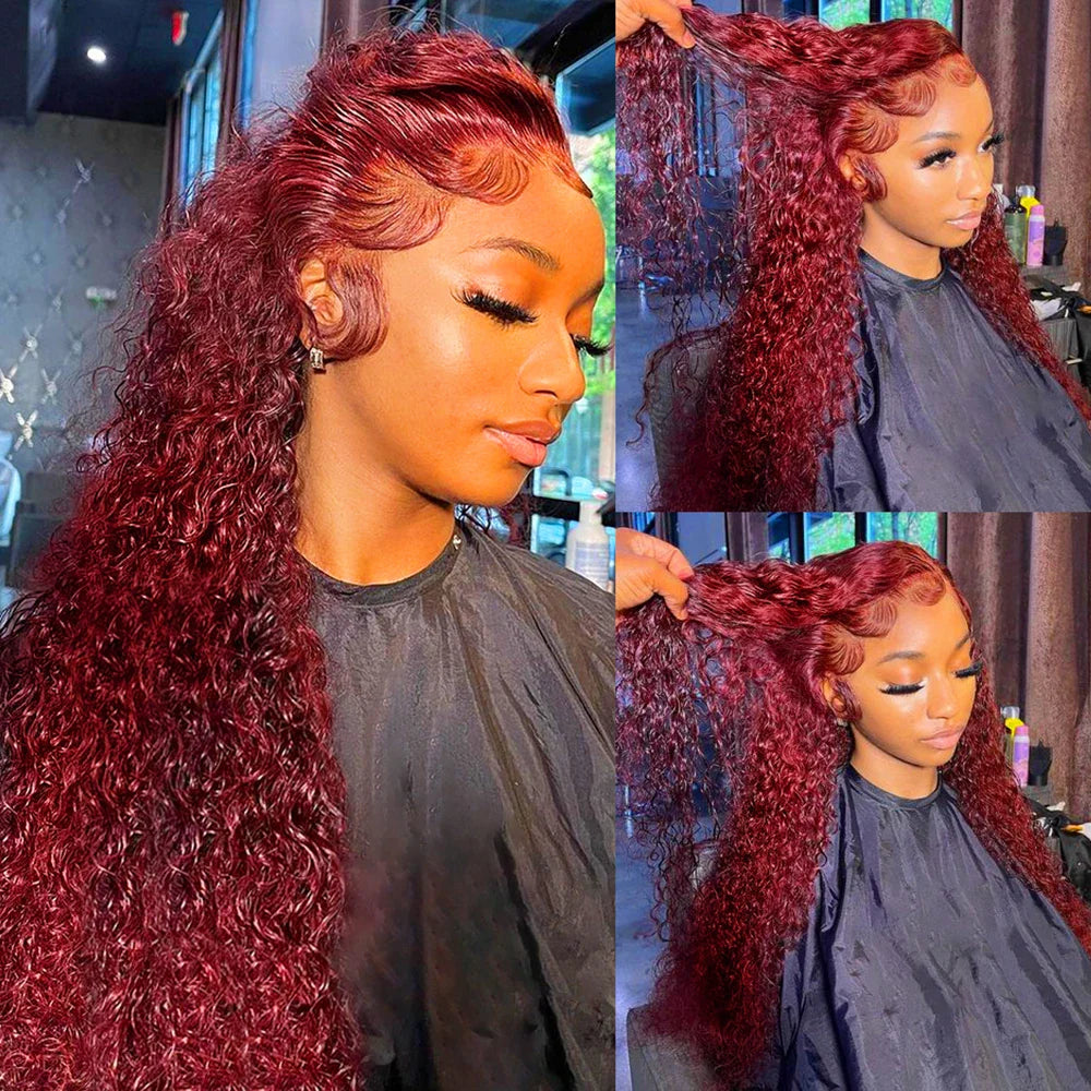 sengpan Burgundy Human Hair Lace Frontal Wigs Colored 99j Red Wig For Women Brazilian 13x4 Deep Wave 30 Inch Water Wave Lace Front Wig