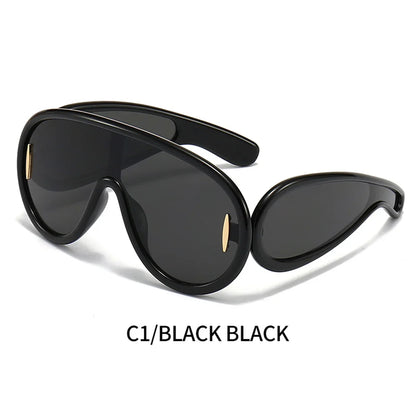 Lianfudai New Fashion One Piece Big Frame Goggles Oversized Oval Sunglasses Women Men Trendy Hip Hop Sun Glasses