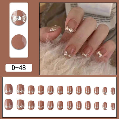 sengpan 24pcs French Point Diamond Fake Nails Wearing Artificial Square Head Press On Acrylic Nail Art Pearl Patch Almond False Nails