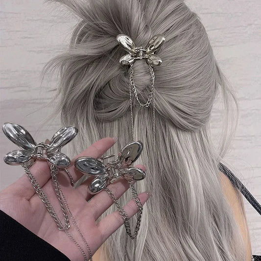 sengpan Metal Mini Butterfly Hair Claws for Women Ladies Black Silver Small Hair Clips with Tassel Chains Girl Fashion Hair Accessories