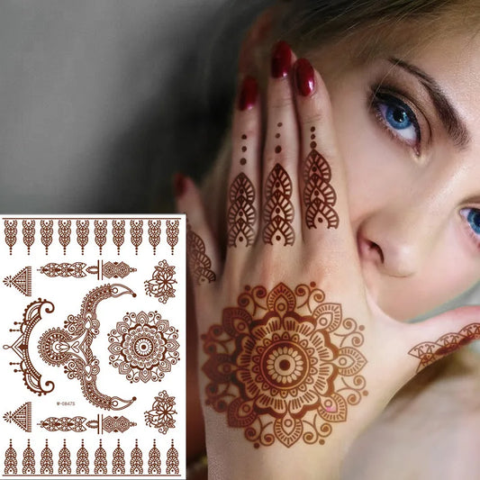 sengpan Brown Henna Lace Temporary Tattoo Sticker Butterfly Mehndi Flower Fake Tattoo for Women Feather Flora Sexy Henna Design Stickers