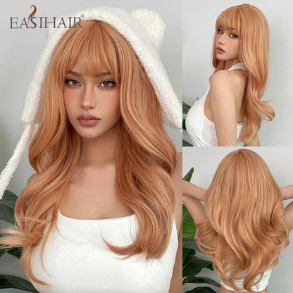 sengpan Orange Blonde Ombre Long Wavy Synthetic Wigs with Bangs Party Cosplay Wig for Women Natural Fake Hair Heat Resistant