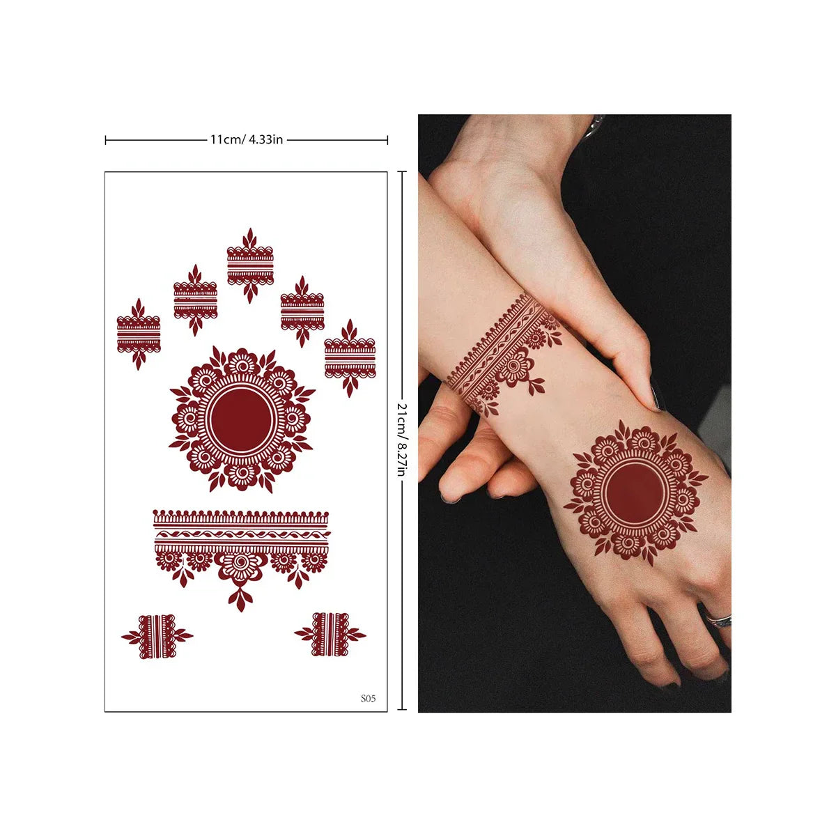 sengpan Red Lace Henna Tattoo Sexy Maroon Tattoo Stickers Waterproof India Mehndi Design Temporary Tattoos Finger Hand Tattoo For Women