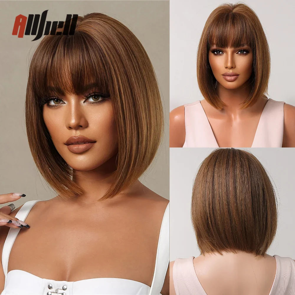 sengpan Short Brown Ombre Blonde Cosplay Wig Synthetic Straight Wigs for Black Women Heat Resistant Halloween Party Daily Natural Hair