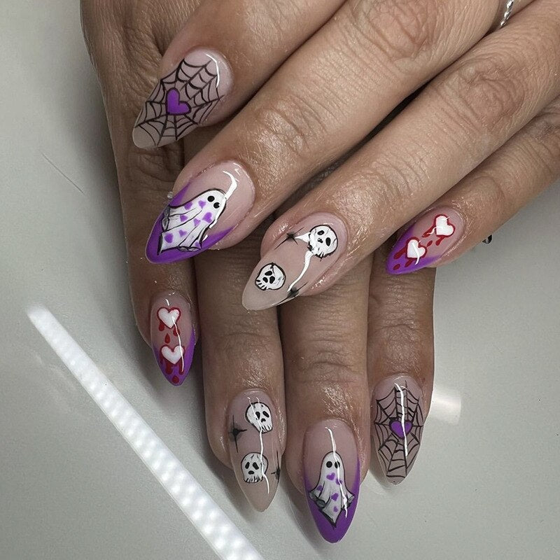 sengpan current nail trends 2023  24Pcs Almond False Nails Halloween Press on Fake Nails with Skull Head Spider Web Ghost Design Ballet Full Cover Nail Tips