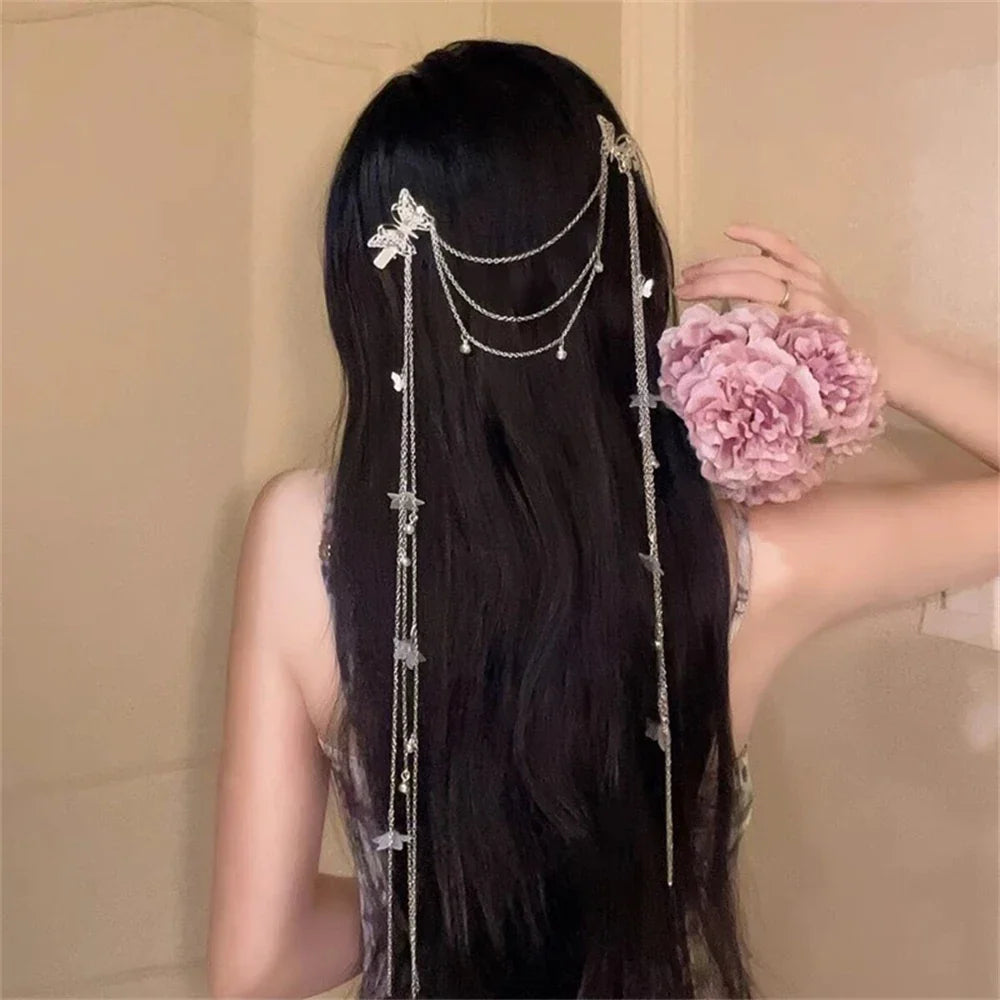 Lianfudai Butterfly Hairbands for Women Rhinestone Crystal Long Tassel Chain Headband Simulated Pearl Headwear Hair Accessories 2024 New