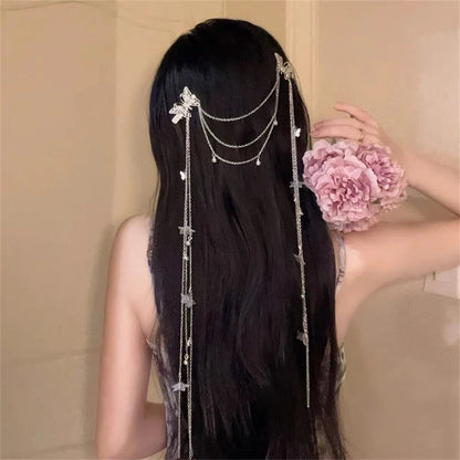 Lianfudai Butterfly Hairbands for Women Rhinestone Crystal Long Tassel Chain Headband Simulated Pearl Headwear Hair Accessories 2024 New