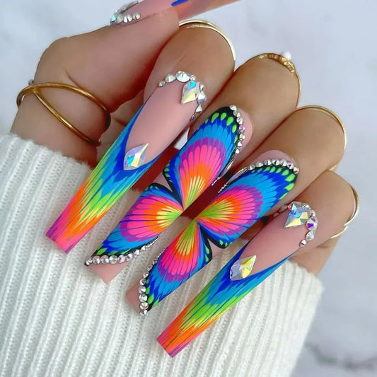 sengpan 24Pcs Wearable Colorful Butterfly Designs French Press on Nails Long Ballet False Nails with Rhinestone acrylic Fake Nails tips