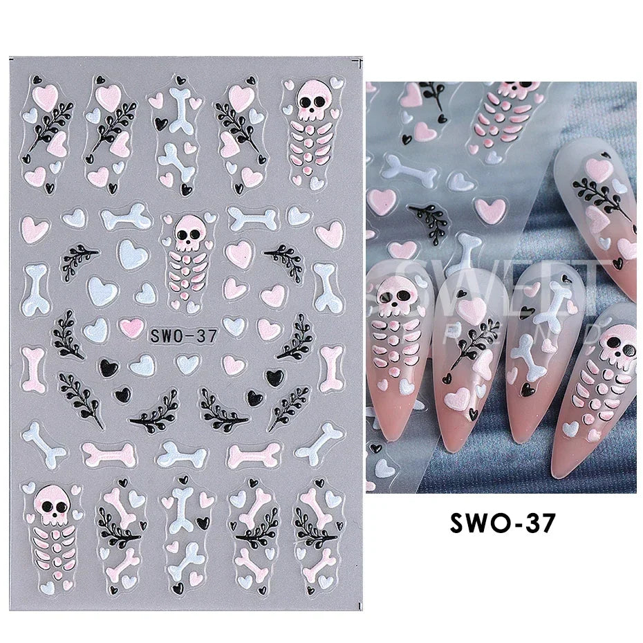 sengpan Cartoon Skull Halloween Nail Art Stickers Pink Bones Ghost Cat Moon Tree Owl Stripes Lines Winter Christmas Manicure Decoration