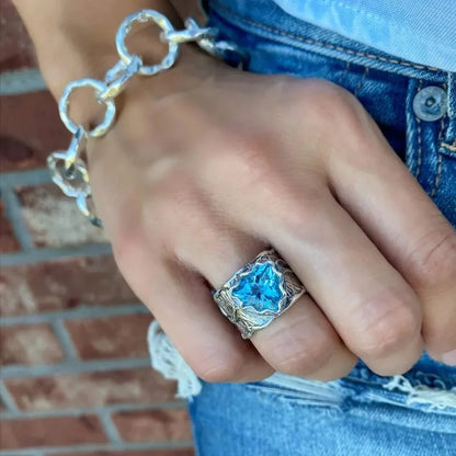 sengpan Unisex Silver-Plated Boho Ring with Vintage Flair - Cool Blue Gemstone Inlay, Perfect for Daily Wear