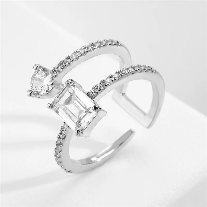 sengpan Fashion Geometric Cubic Zirconia Open Rings for Women Fashion Square Adjustable Ring Anniversary Party Jewelry Gift