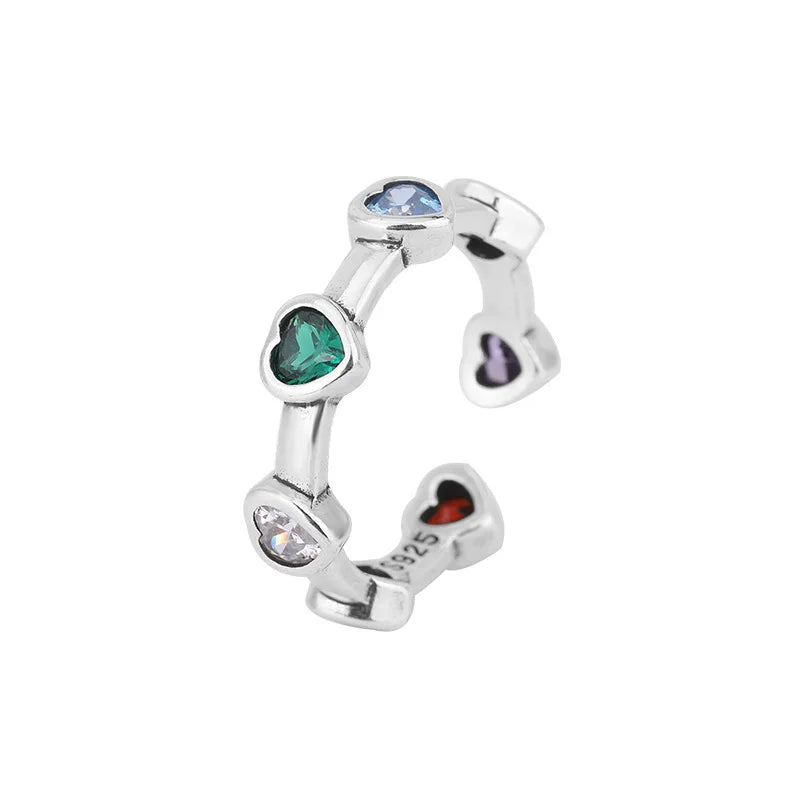 sengpan 100% Solid 925 Sterling Silver Heart Rings For Women Green Red Stone Simple Trendy Retro Anillos Party Gifts Accessories