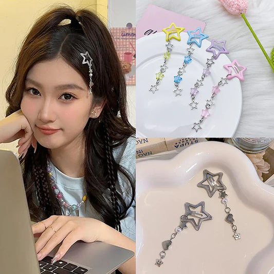 sengpan Sweet Cute Star Fringe Pendent Hair Clip Hairpin Colorful Pentagram BB Clips Barrettes For Girls Dopamine Y2k Hair Accessories