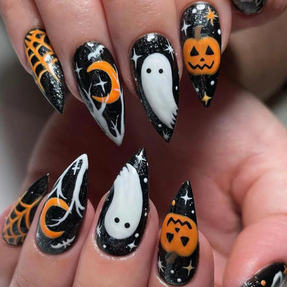 Lianfudai 24pcs Short Halloween Fake Nails Cute Pumpkin Cat Ghost False Nail Patch Full Cover Wearable Fake Nail Tips 2024 Halloween Gifts