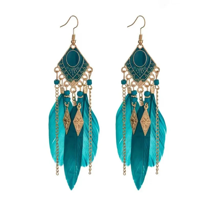 sengpan  Bohemian Feather Tassel Earrings Peacock Blue Vintage Pendant Earrings Birthday Party Holiday Travel Jewelry Accessories