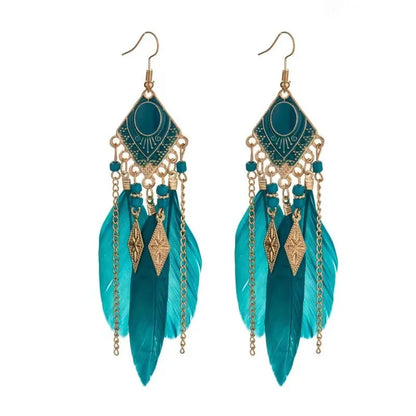 sengpan  Bohemian Feather Tassel Earrings Peacock Blue Vintage Pendant Earrings Birthday Party Holiday Travel Jewelry Accessories