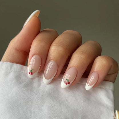 sengpan Cherry French Almond Style Press on Nails Wearing Armor Red Minimalist Nail Art Stick-On Nails Fake Nails W/ Tool