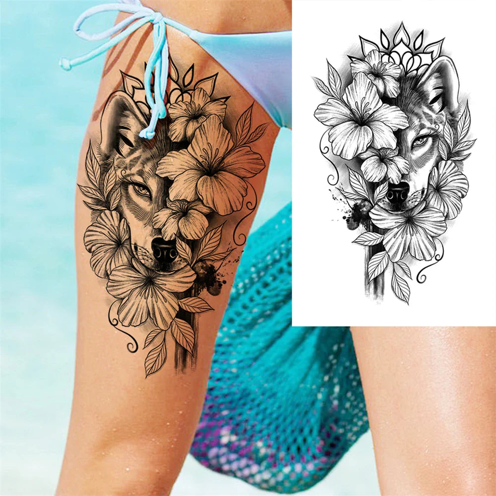 sengpan Death Skull Flower Temporary Tattoo For Women Girls Snake Bird Peony Tattoo Sticker Black Fake Blossom Sexy Tatoo Transfer Adult