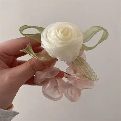 sengpan Sweet Rose Flower Hair Scrunchies Women Mesh Large Hair Rope Girl Fairy Hair Tie Simple Ins Headdress Female Ponytail Holder