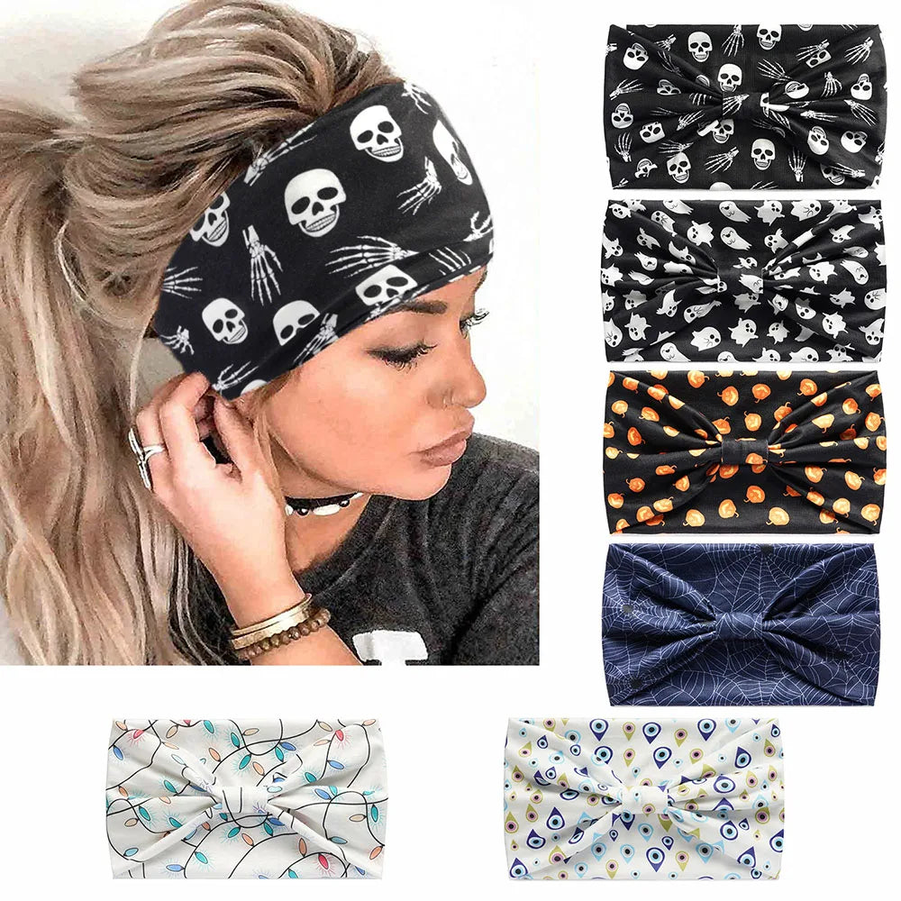 sengpan Halloween Skeleton Turbans Yoga Elastic Head Wrap Women Headband Wide Hairbands Headwear Bandanas Fashion Hair Band YZL05-5