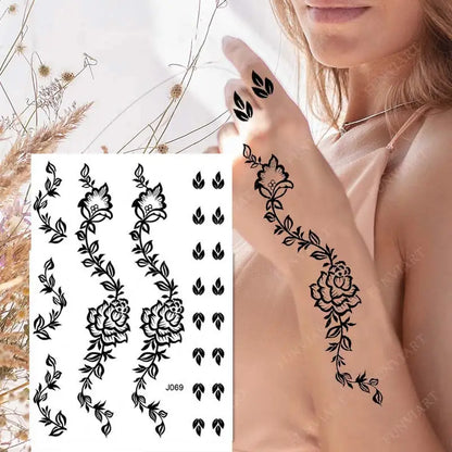 sengpan Black Henna Tattoo Sticker Waterproof Temporary Tattoos for Women Body Art Mehndi Stickers for Hand Flower Fake Tattoo