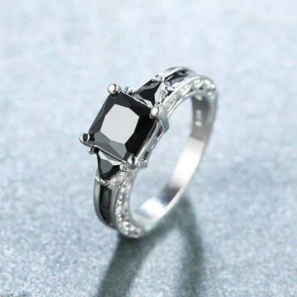 sengpan Delicate Silver Color Trendy Ring for Women Elegant Princess Cut Inlaid Black Zircon Stones Wedding Ring Engagement Jewelry